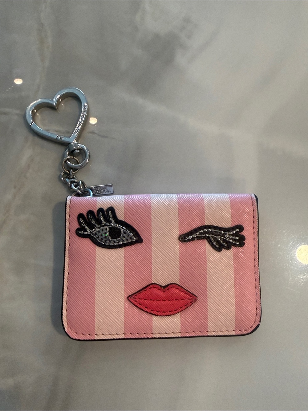 VS Pink Stripe Leather Card Case Keychain with Face Patch